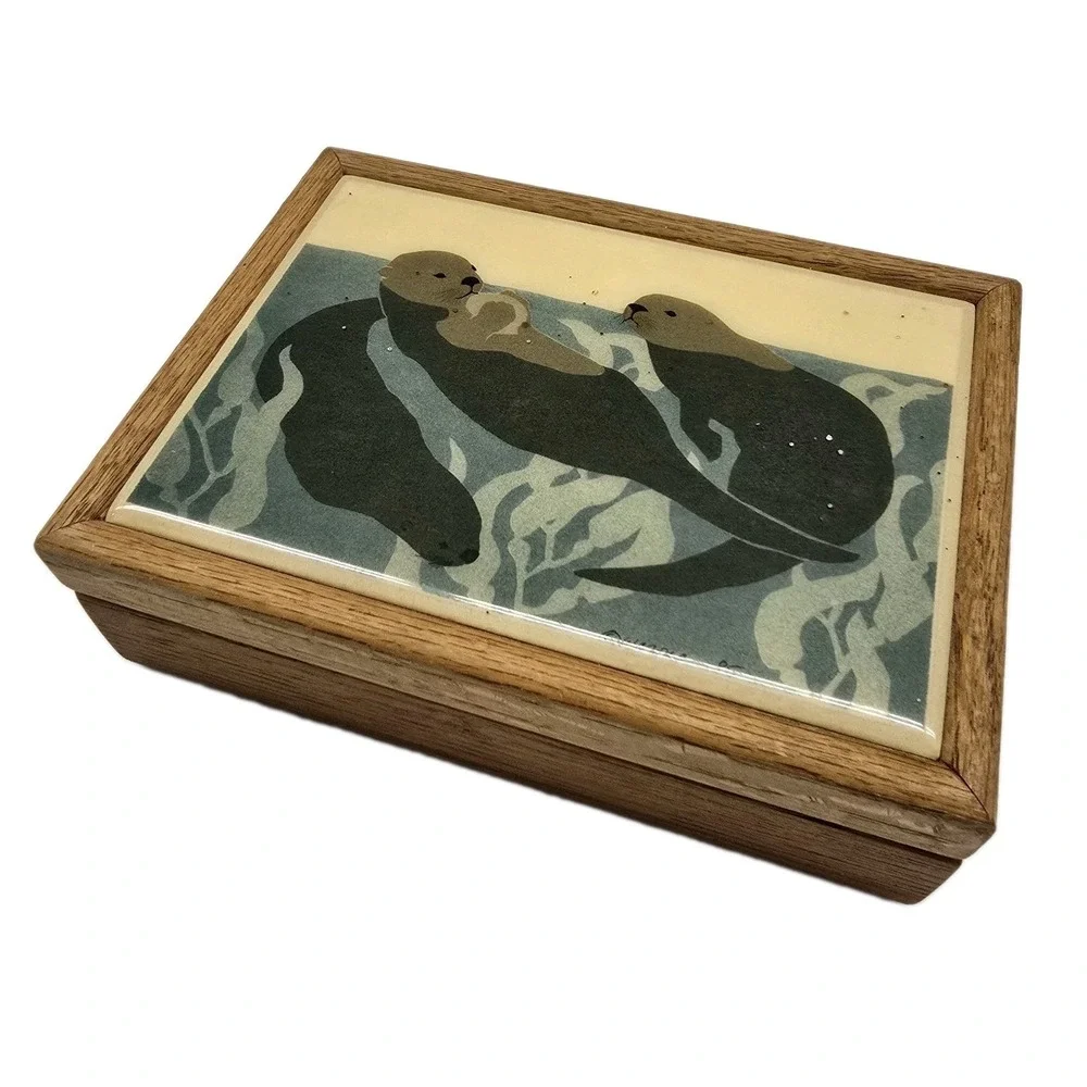 Otters Art Tile Wood Trinket Box Velvet Lined Oak Jewelry 5